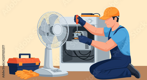 Appliance repair technician fixing a device with a screwdriver, next to a standing fan and a toolbox