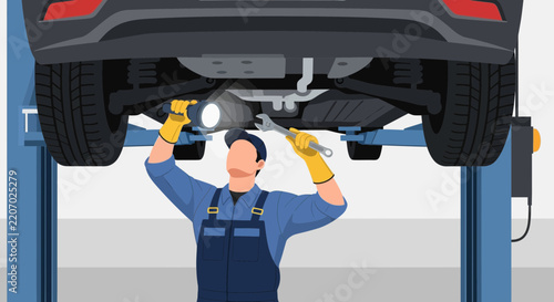 Professional auto mechanic using a flashlight and wrench to inspect a car's underside