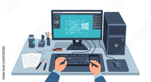 Computer repair technician works on a complex system diagram on their workstation with tools on the desk
