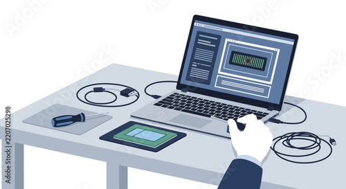 Computer repair technician working on a laptop with tools and components on a desk