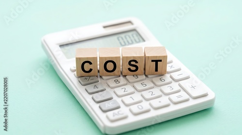 Wooden blocks spelling COST placed on a white calculator for financial planning and expense management