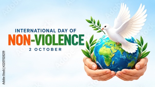 International Day of Non-Violence graphic with dove and globe in hands
