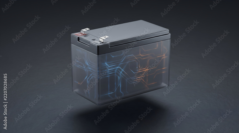 Fototapeta premium A 12 volt battery with translucent case and glowing internal circuits showcasing energy storage and power