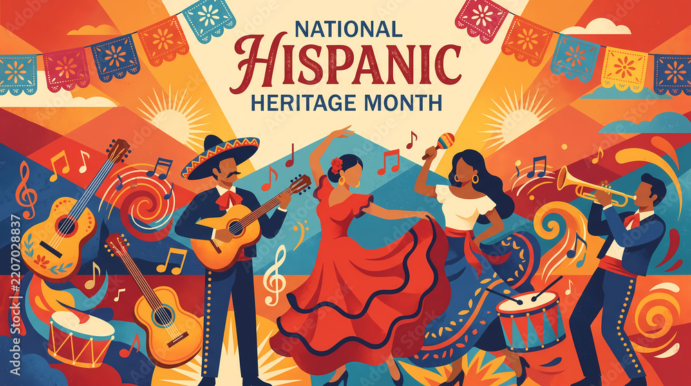 Fototapeta premium national hispanic heritage month vector illustration with flamenco dancers guitarist musician mexican papel picado spanish latin american culture music and dance for poster banner background