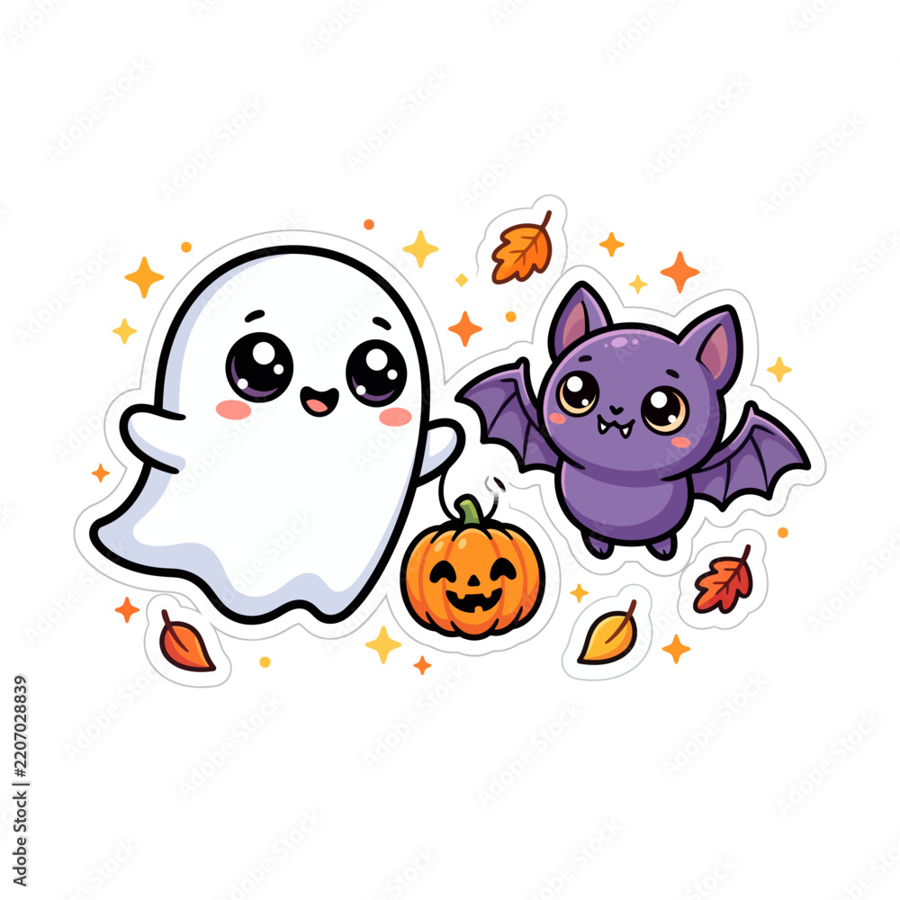 Obraz premium Cute happy baby ghost purple bat and orange pumpkin celebrating helloween
