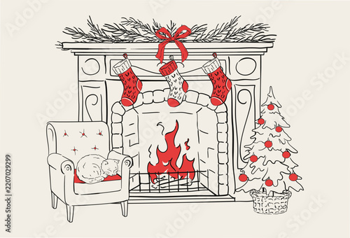 Classic Christmas Fireplace With Burning Fire Hand Drawn Vector Illustration