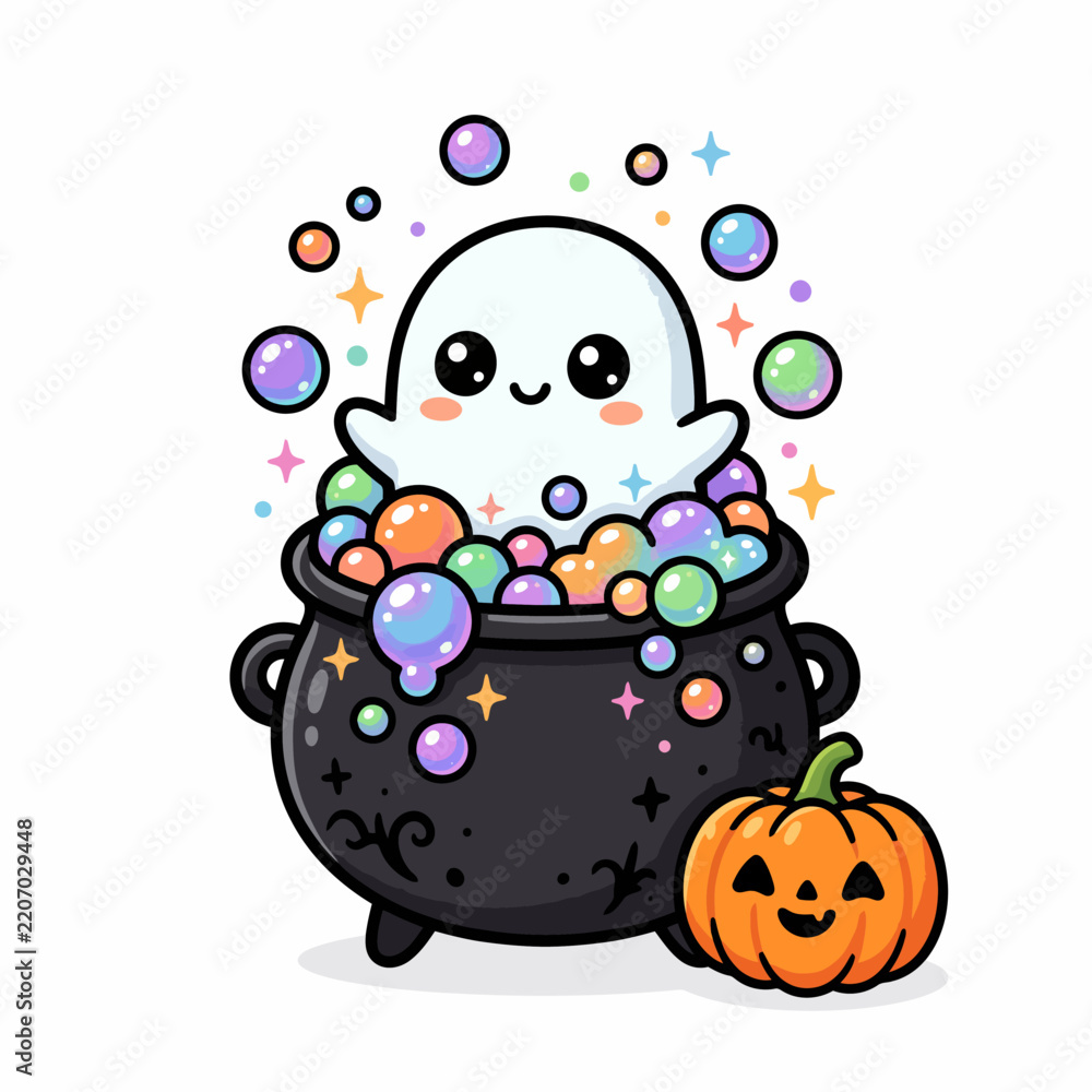 Obraz premium Cute ghost in cauldron with colorful bubbles and spooky pumpkin for cute helloween celebration