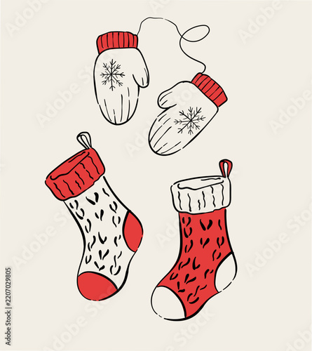 Christmas Mittens and Socks Hand Drawn Winter Vector Illustration.