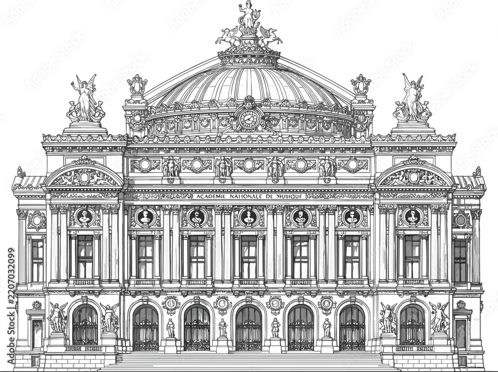 Obraz premium Detailed architectural facade drawing of the famous historic Palais Garnier opera house building landmark in Paris France