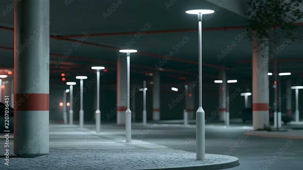 Obraz premium Modern LED streetlights illuminate an empty underground parking garage with concrete pillars and red safety stripes
