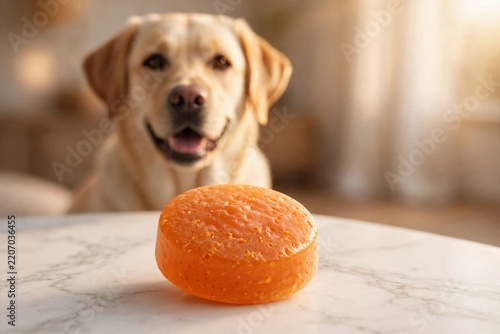 A happy golden labrador retriever looks eagerly at a large orange chewable dog vitamin resting on a clean white marble table in the morning sunlight