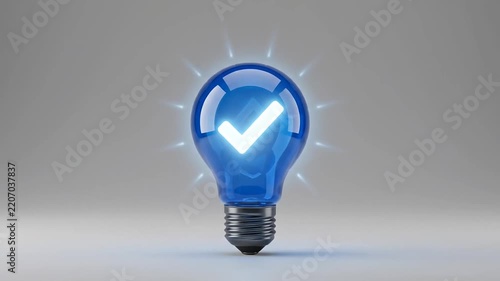 Blue glass light bulb with glowing check mark symbol lighting up