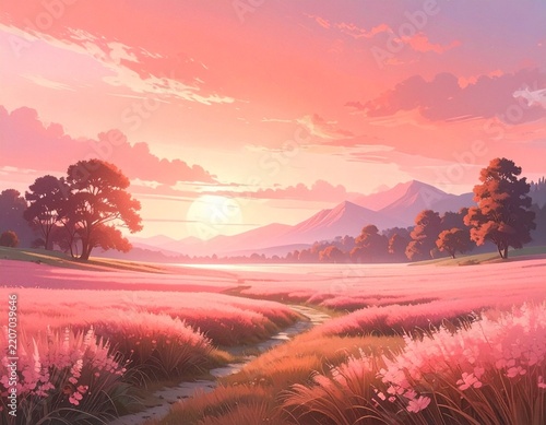 Landscape illustration pink sunset