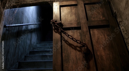 Old door with a chain at the top of stairs in a dimly lit space