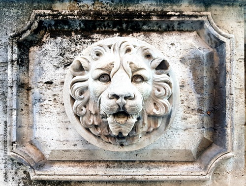 Ancient Stone Lion Head Sculpture