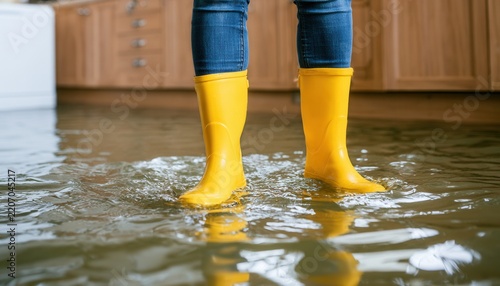 Water covers the floor as a person stands in yellow boots in a flooded room
