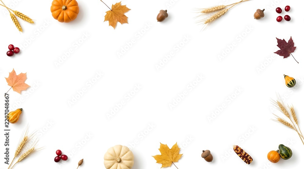 Fototapeta premium Autumn floral border with colorful leaves berries and dried flowers on white background