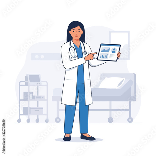 Female Doctor Showing Digital Data on Tablet in Hospital Room