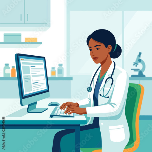 Female doctor typing on computer in clinic office, wearing stethoscope and lab coat