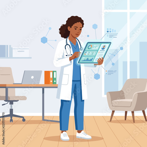 Female Doctor Using Futuristic Tablet in Modern Office, Healthcare Technology and Data Analysis Concept