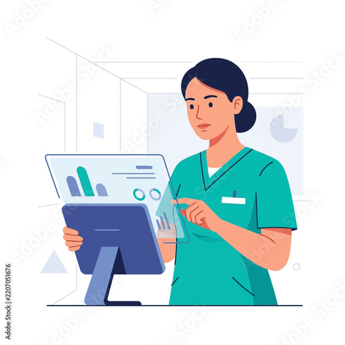 Female Doctor Using Futuristic Holographic Interface for Medical Data Analysis and Diagnosis