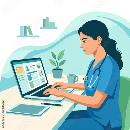 Female doctor using laptop at desk, doctor's office, medical technology, patient care, online health