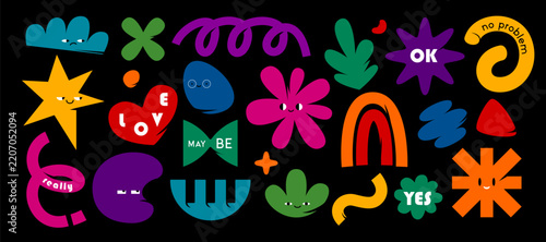 Abstract shape vector graphic set with colorful modern elements, funny characters, cute icons. Vibrant trendy design assets isolated on black background for creative projects
