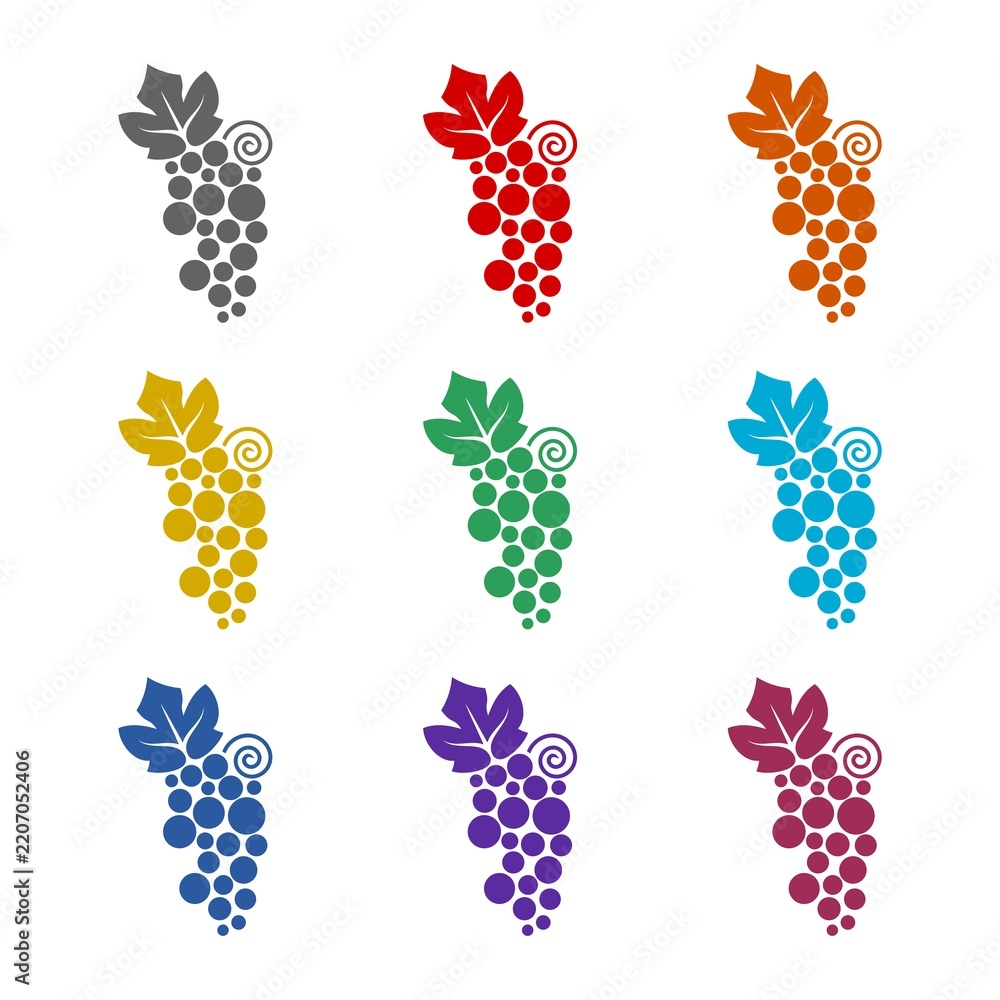 Obraz premium Grapes with leaf sign icon isolated on white background. Set icons colorful