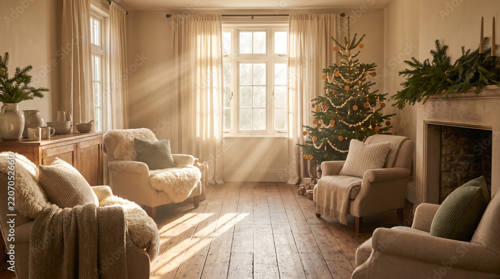 Fototapeta premium sunlit living room with christmas tree and rustic decor