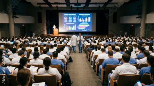 Large audience of medical professionals and students attending a conference or lecture in a dimly lit auditorium with a speaker on stage and a presentation on a large screen, concept of medical educat