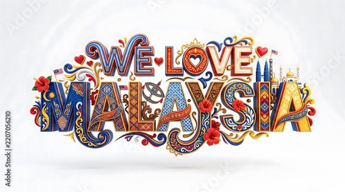 Decorative “We Love Malaysia” typography featuring cultural motifs, landmarks, and traditional elements celebrating national heritage