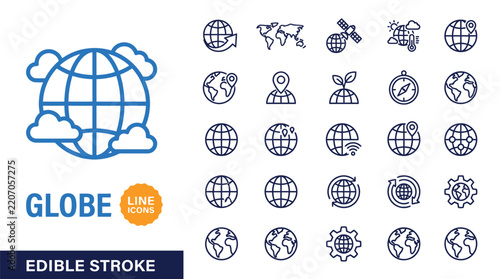 Globe line icons collection featuring various earth planetary symbols for professional modern web graphic design projects