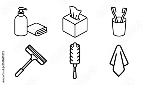 Cleaning and hygiene tools icons on white background for household care.