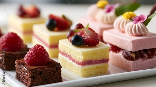 A plate of assorted colorful petit fours with fresh fruit and floral garnishes  arranged for elegant dessert presentation