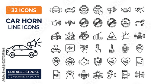 Minimalist vector set of car horn line icons featuring various automotive sound alert signal symbols