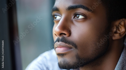 A man looking away while deep in thought; an authentic, emotional, and spontaneous expression. generative ai
