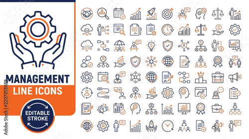 Professional business management line icons collection featuring various corporate administration symbols in a clean vector illustration