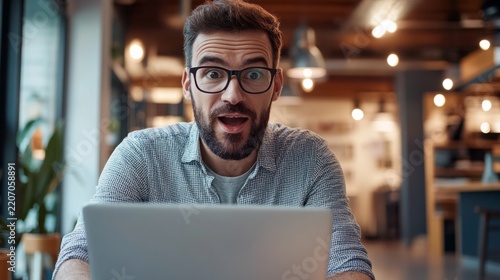 Man reacting naturally while looking at his laptop screen. generative ai