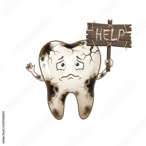 Sad rotten tooth character holding a help sign isolated on transparent background