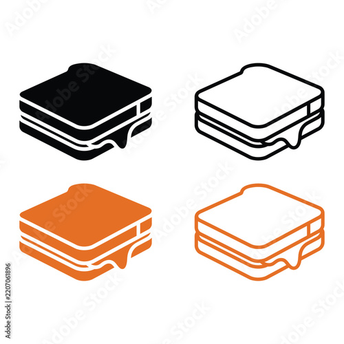 Grilled cheese sandwich icons set black and orange flat art.