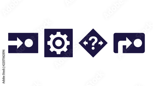 Vector business workflow process icon set featuring input arrow, gear settings, decision question mark, and direction routing symbol isolated on white background