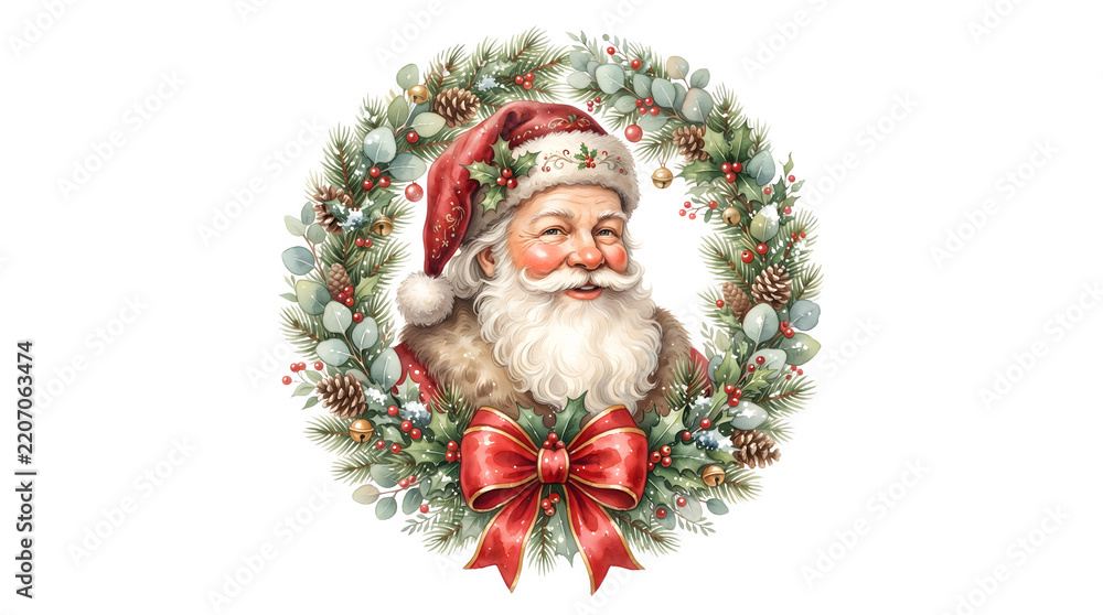 Fototapeta premium Portrait of santa claus inside a festive christmas wreath with pine cones and red berries isolated on transparent background