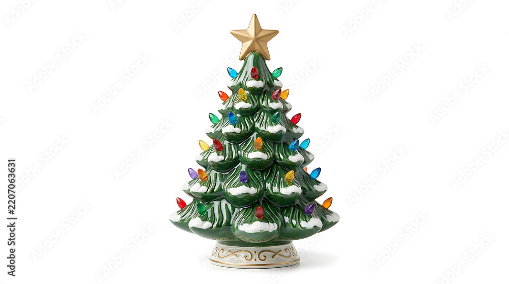 Fototapeta premium Small vintage ceramic christmas tree with colorful lights and a gold star on a white background