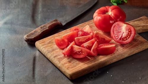freshly chopped red tomatoes on wooden cutting board with knife