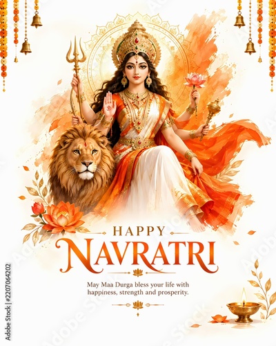 Happy navratri greeting with goddess durga portrait and lion in golden glowing style hindu festival durga puja navratri