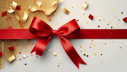 red ribbon and gold confetti on white background