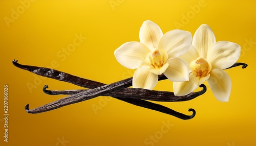 vanilla beans and flowers floating on yellow background