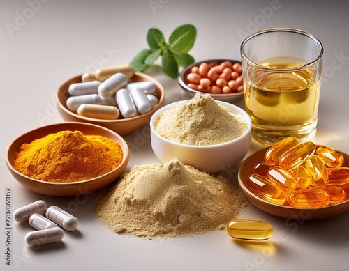 various vitamin powders and capsules with a glass of water on a neutral background