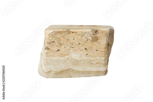 Raw beige polished travertine onyx rock specimen showing natural layered texture and porous structure, isolated on a clean white background.