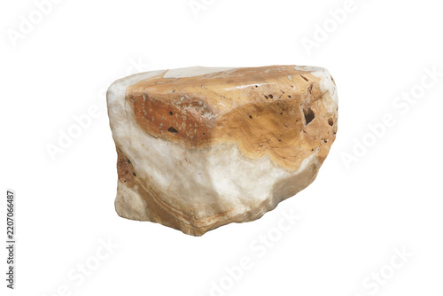 Raw polish yellow-brown travertine onyx rock specimen showing natural layered texture and quartz pattern, isolated on a solid white background.